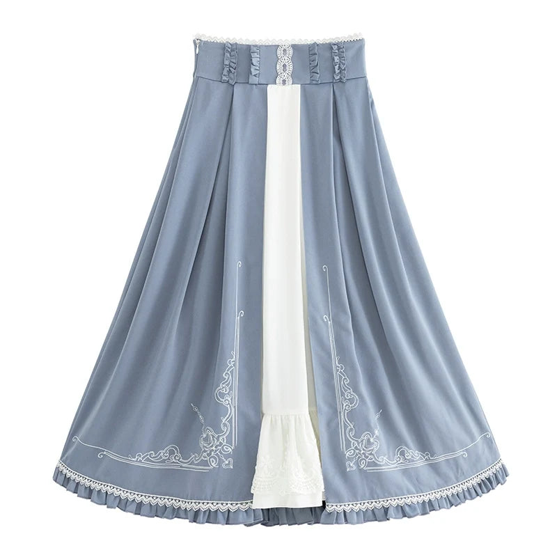 Blue Classic Lolita long skirt with lace trim and embroidered hem
