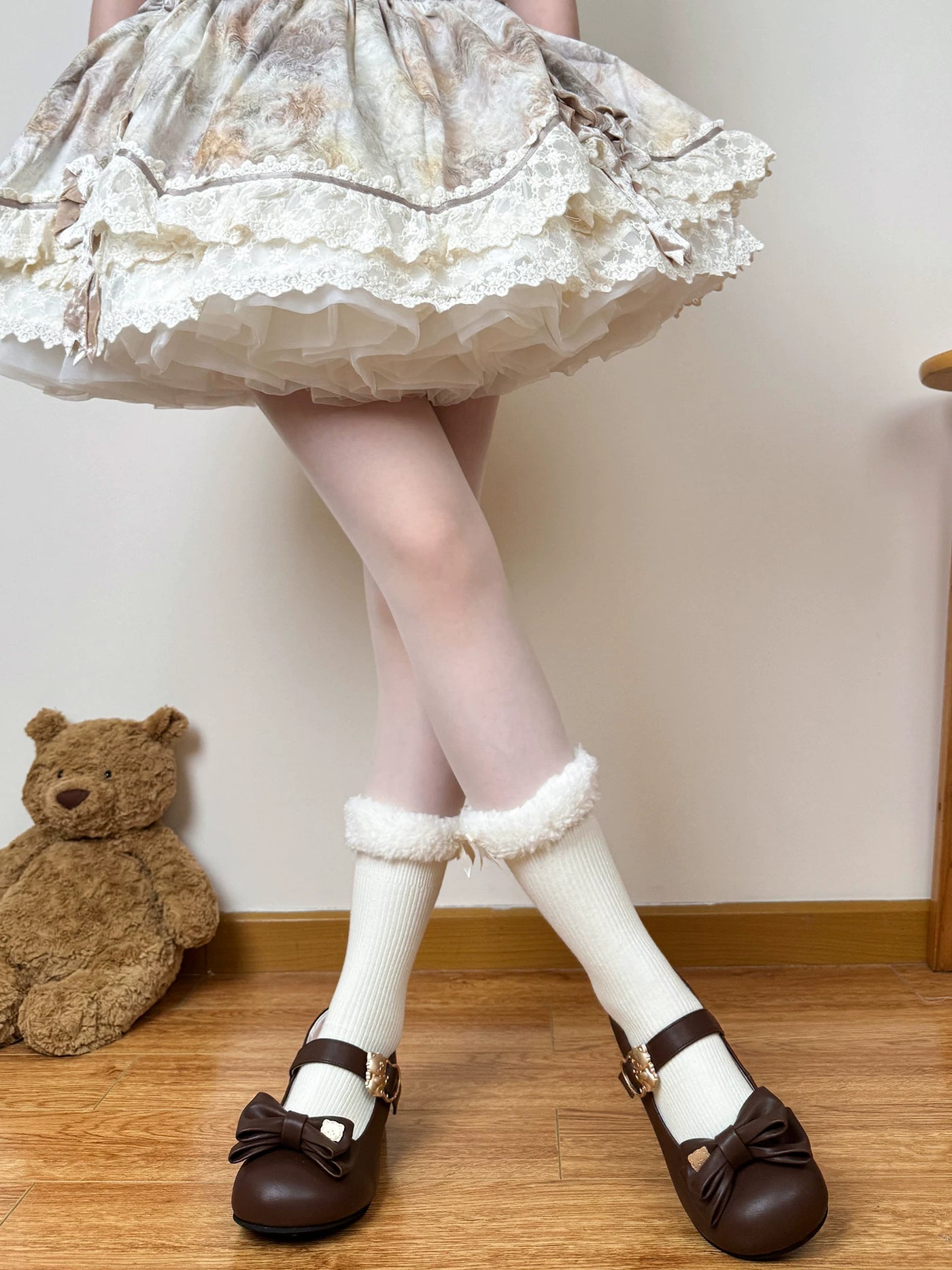 Chubby Bear Tales - Fleece Bow Layers - Fluffy Mid-Calf Socks with Ribbon Cuffs