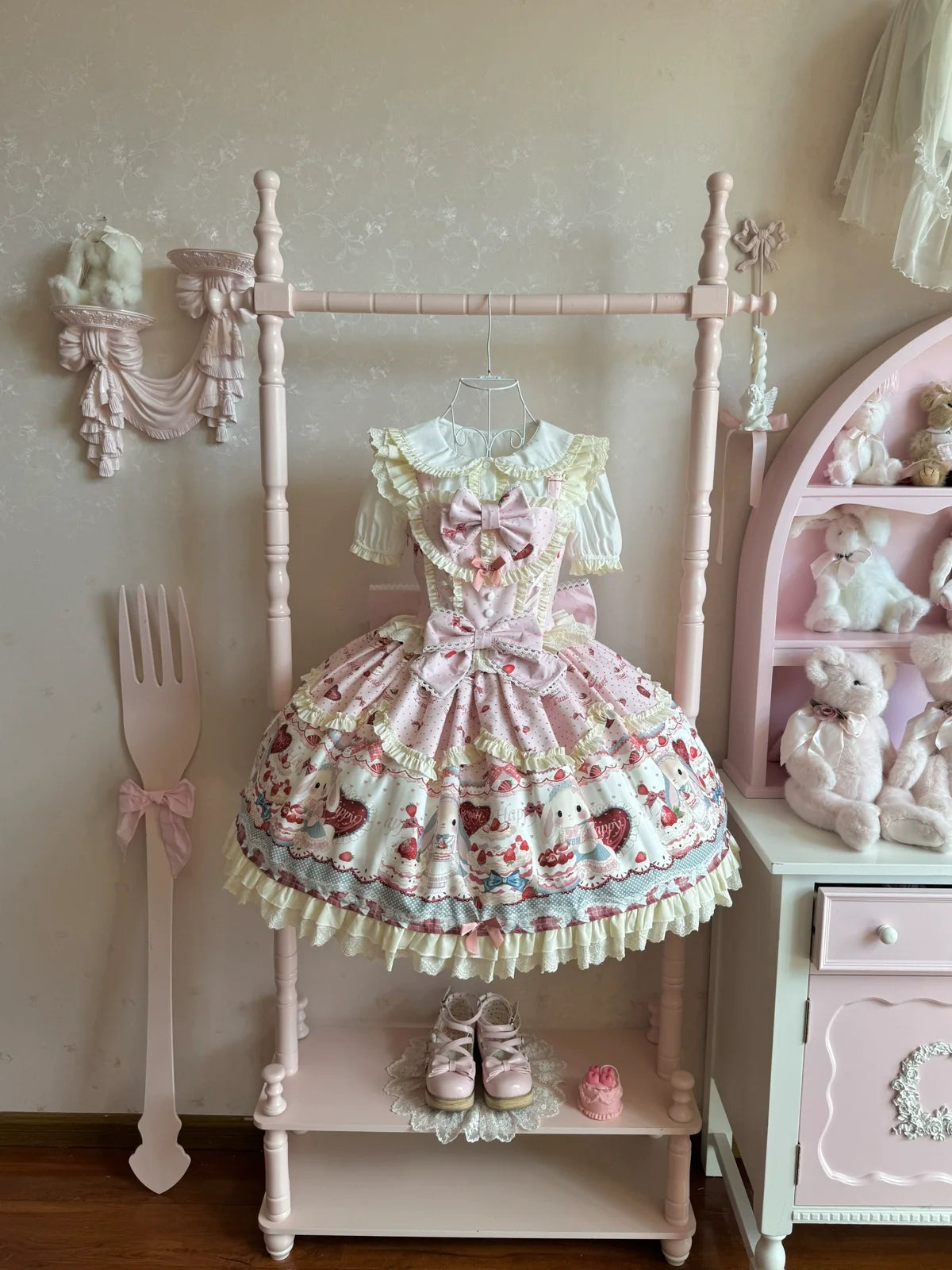 Sweet Dreamland - Bunny Party - Sweet Lolita JSK Dress, Cute Bunny & Cake Print