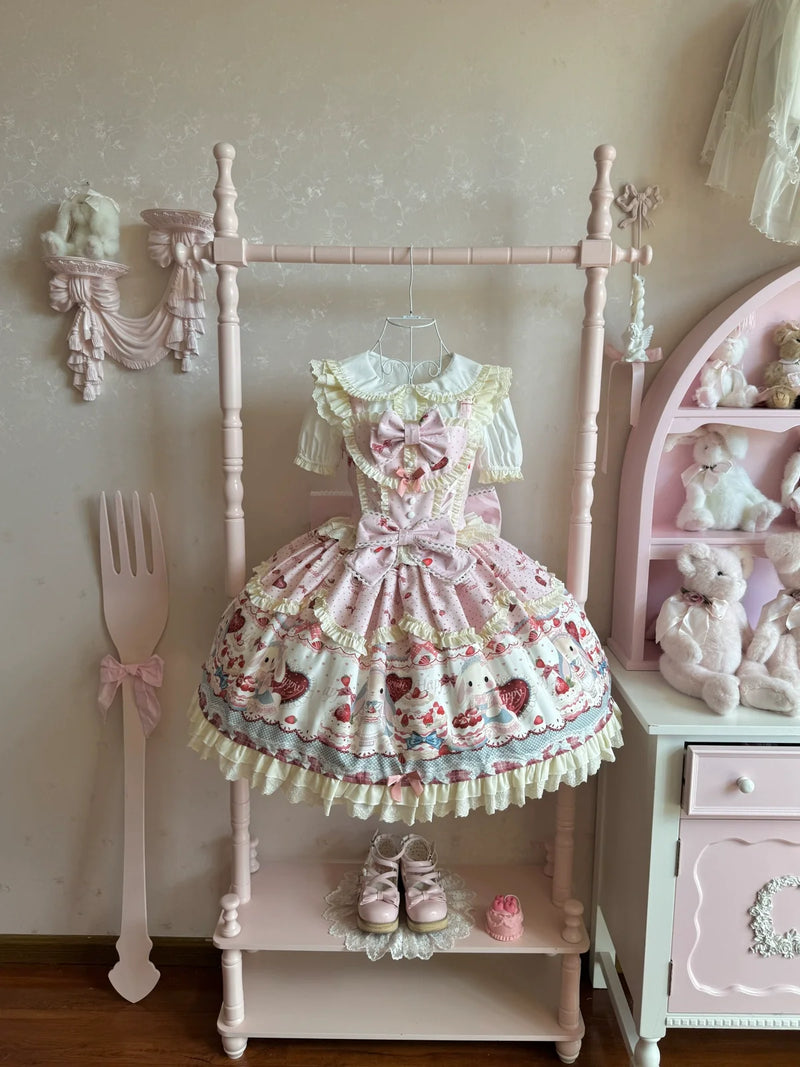 Sweet Dreamland - Bunny Party - Sweet Lolita JSK Dress, Cute Bunny & Cake Print