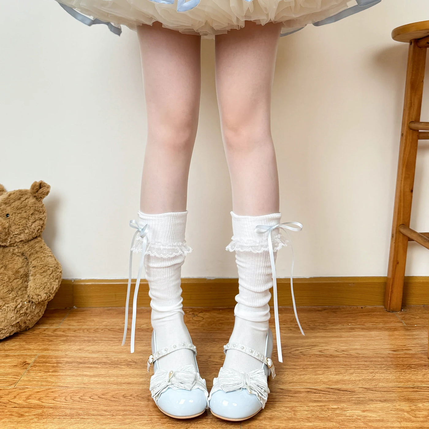 Chubby Bear Tales - Cream Ballet - Thin Scrunch Socks with Ribbon Bows