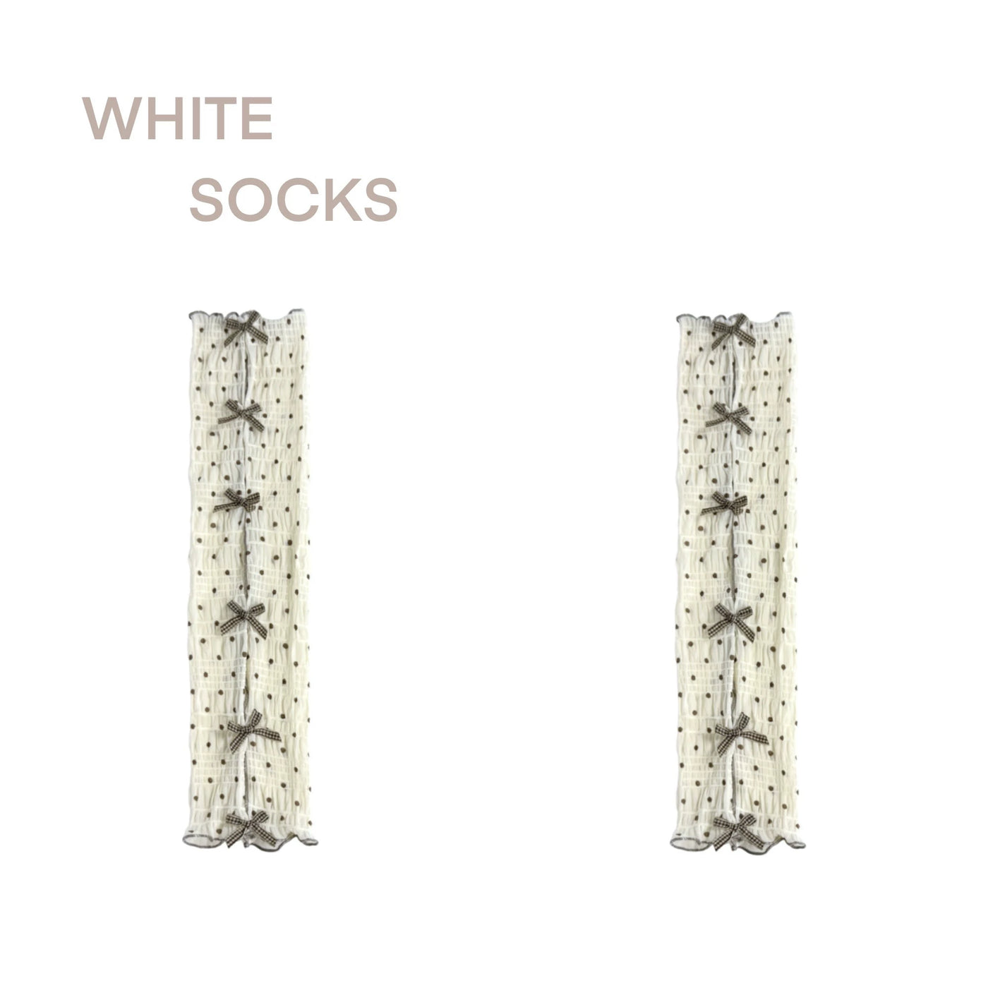 Cream sock covers with brown polka dots, bows and cutout panels shown in two worn configurations.