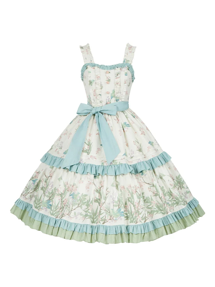 With PUJI - Oriole Time - Country Lolita JSK and OP Dress, Floral and Bird Print detail view 5