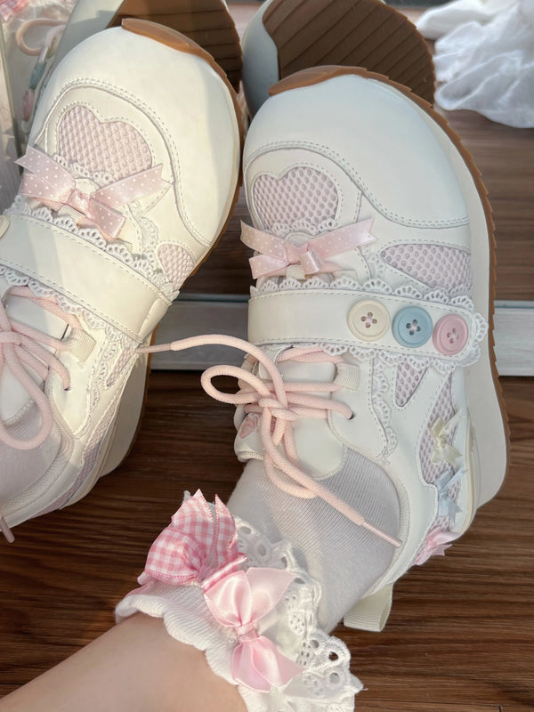 Sheep Puff Little Button Lo-Run Lolita Sneakers showing white shoes with sheep and button details, casual footwear for kids.