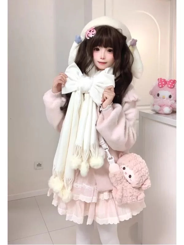 Creamy - Retro Nana - Cardigan, Skirt and Scarf Three-Piece Set with an Oversized Bow