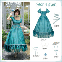 With PUJI - Water Lily - Lolita Dress Collection, Print & High-waist Silhouette - Long OP 6-piece set (long OP + belt + waist chain + choker + flower circle + hat) - In stock / S