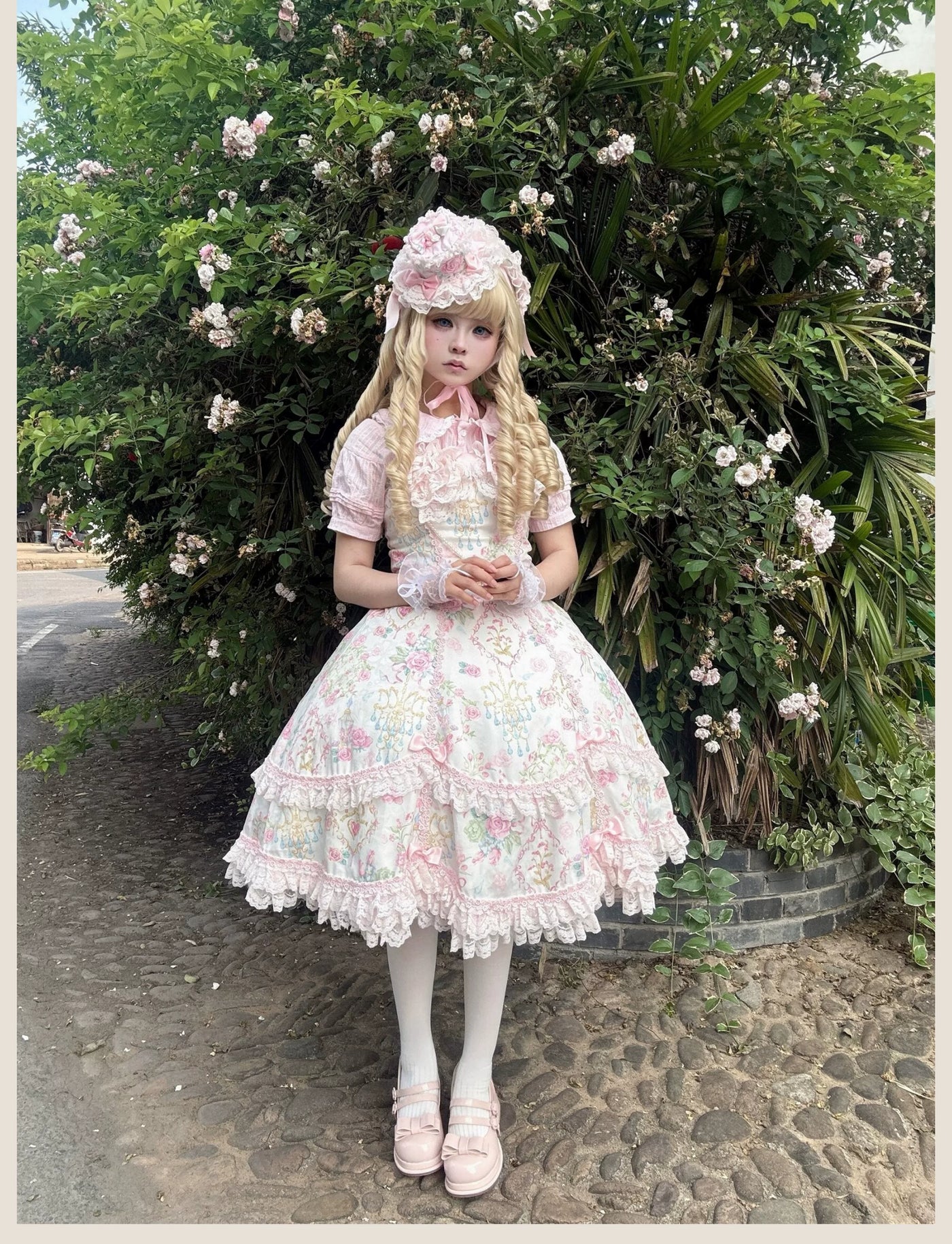 Tata Long Ear - Spring 2025 Floral Wall - Floral Print JSK Dress with Layered Lace Ruffles