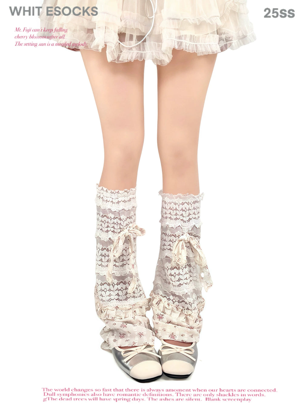 White Lolita lace mid-calf socks with scalloped tiers, side bow ties, and ruffled cuffs