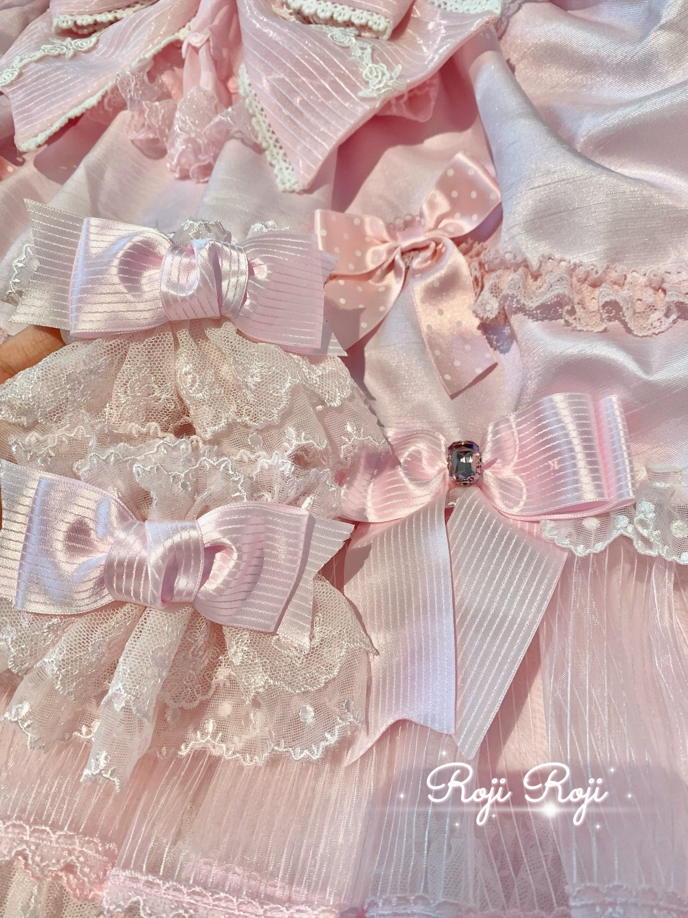 Pink base lace Lolita wrist cuff with bow and strawberry motif