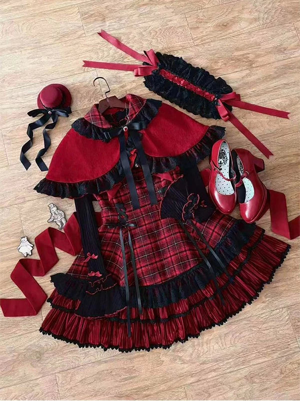 Creamy - Red Tartan - Three-Piece JSK Set with Ruffle Trim
