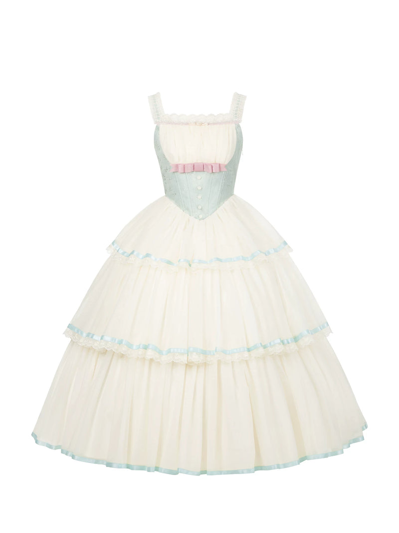 With PUJI - Sea Salt Soda - Classic Lolita Adjustable Corset JSK Dress, Tiered Tulle Hem detail view 5