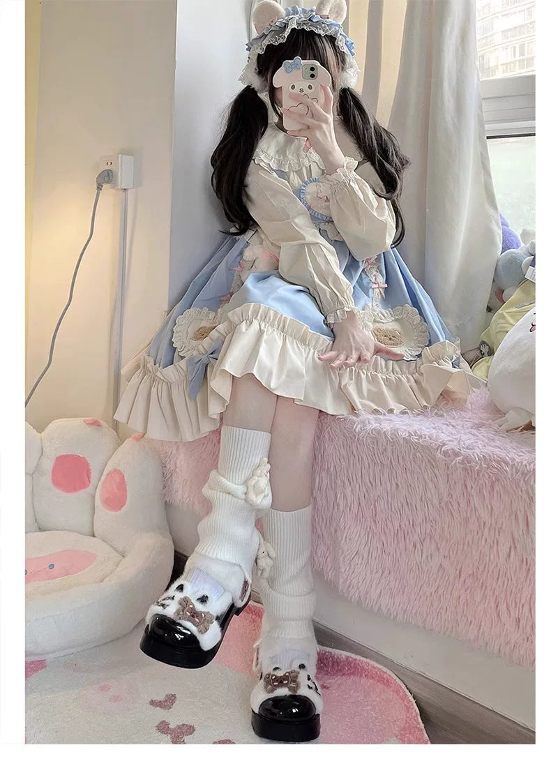 Floral Milk Cat - Bunny Accent - 37 cm Scrunch Socks with Rabbit Decorations