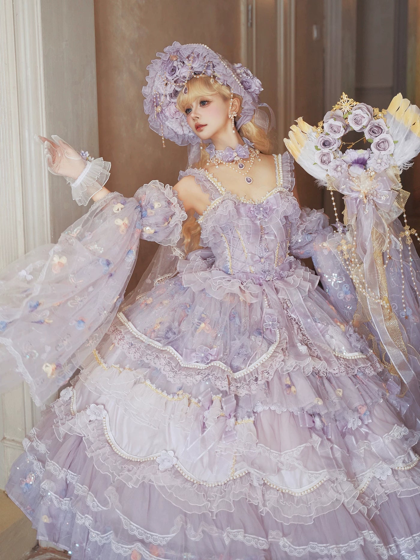 Ornate lolita JSK with floral appliqués and off-the-shoulder neckline