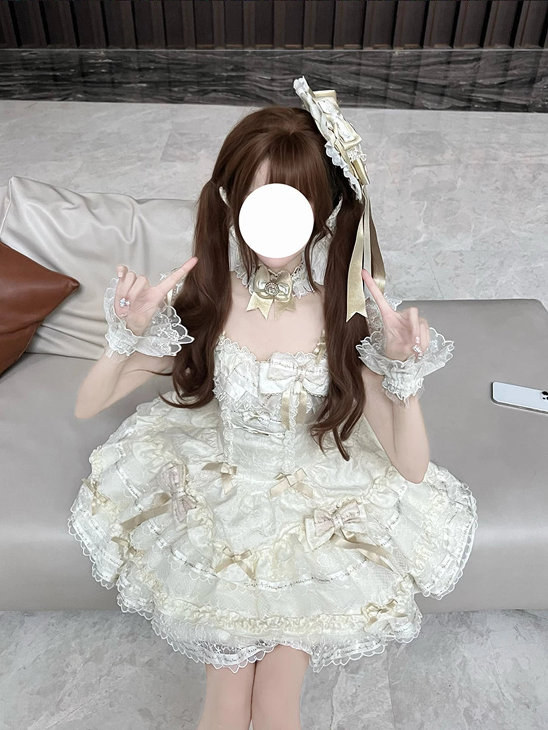Creamy - Ballet Whisper - Apricot Dress Set with Large Train and Layered Ruffles