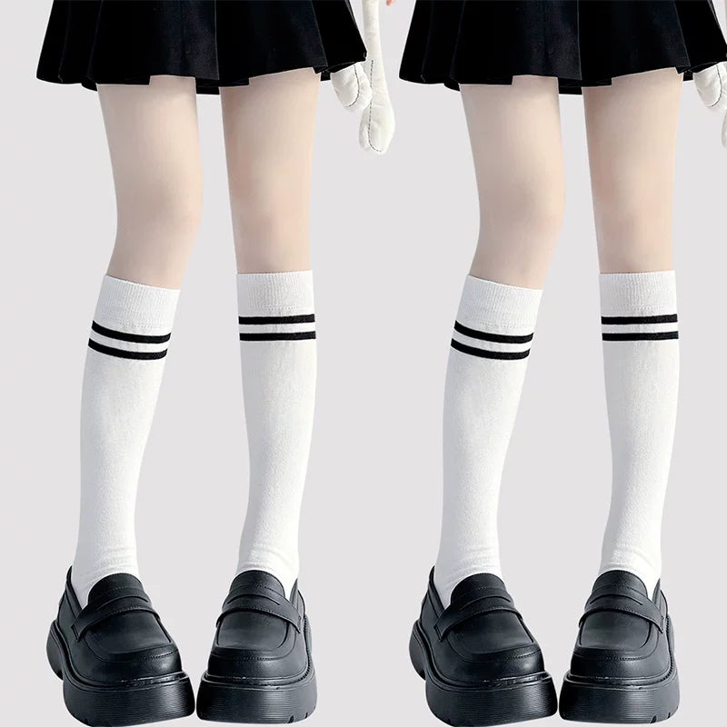 Floral Milk Cat - School Stripe - Cotton Knee Socks with Two Stripes