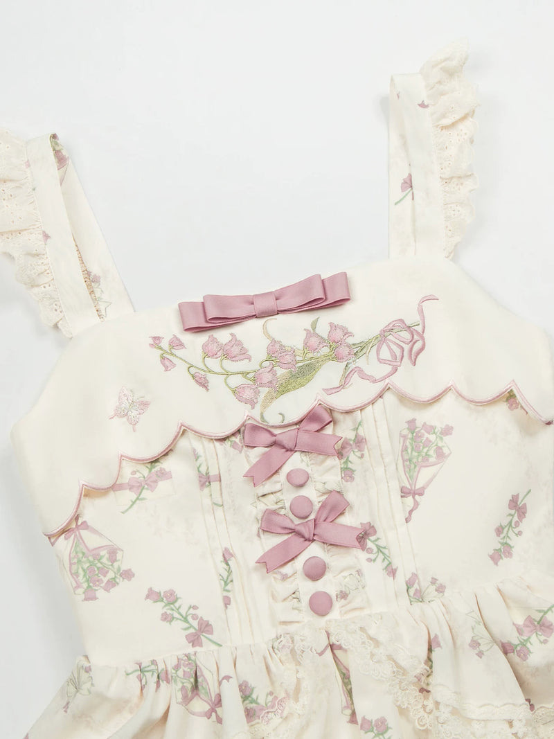 With PUJI - Fragrant Reminiscence - Classic Lolita Embroidered Collar Dress, Bellflower Print detail view 4