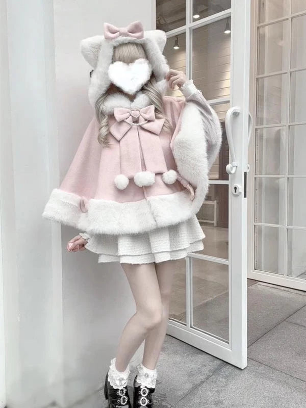 Creamy - Cat-Ear Cape - Pink hooded cape with cat ears and white plush trim