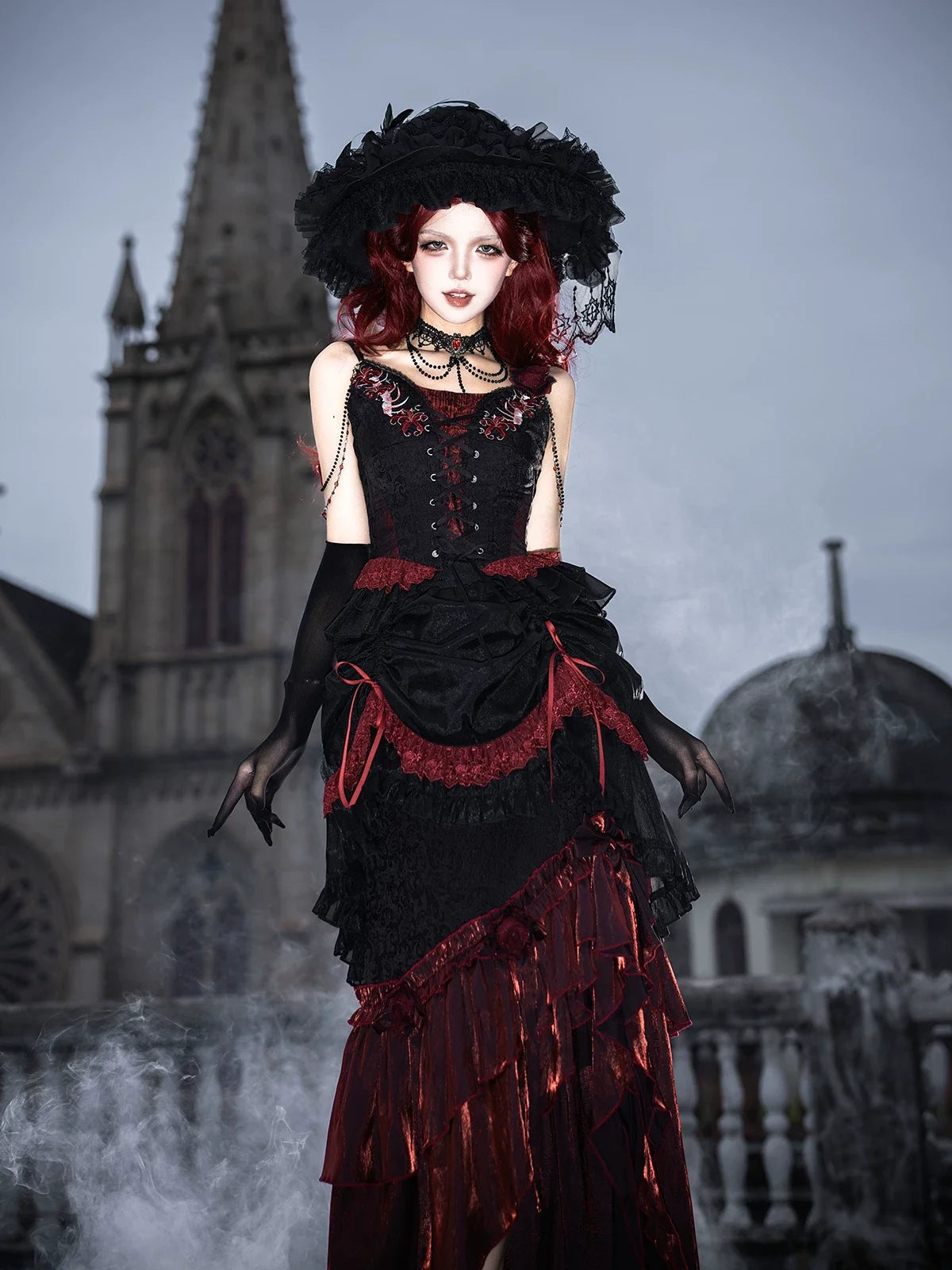 Your Princess - Bone Rot Bloom - Gothic Lolita Embroidered Camisole & Drawstring Lift-up Hem Skirt