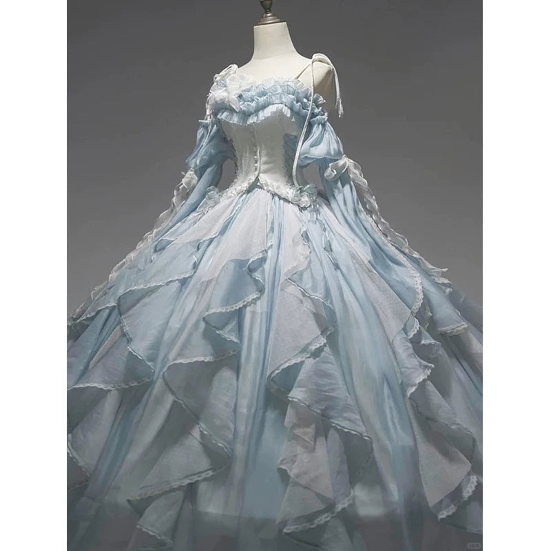 Flora Muse - Floral Lolita Ball Gown - Blue off-shoulder formal