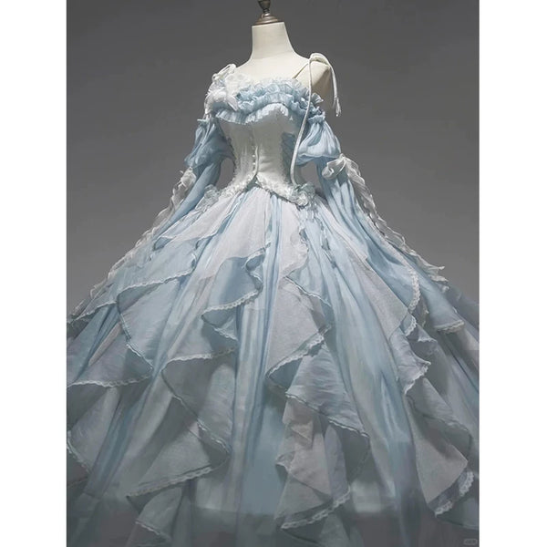 Flora Muse - Floral Lolita Ball Gown - Blue off-shoulder formal