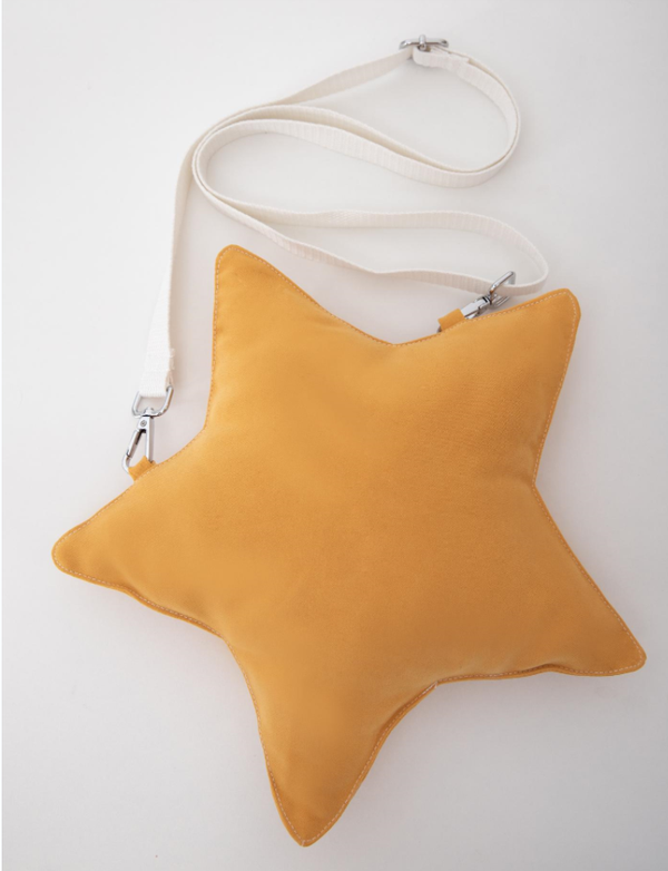 Yellow star-shaped shoulder bag with a white strap.