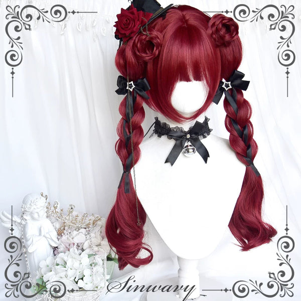 Raspberry-red gothic Lolita twin-tail wig - view 1