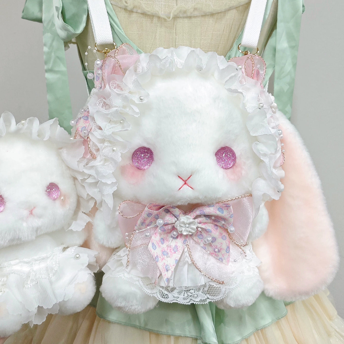 BearStar Lolita plush bunny backpack, large size, blue variant, front view
