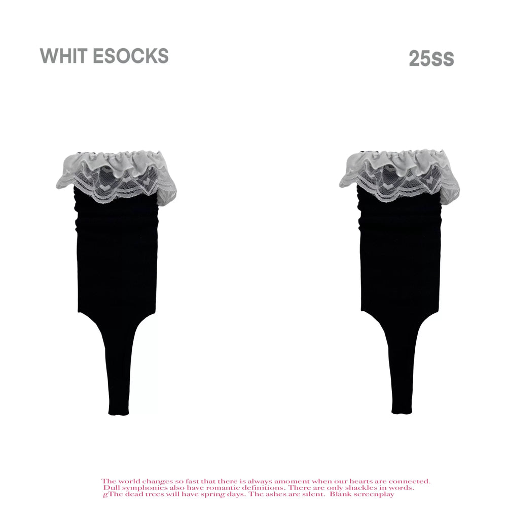 Slouch mid-calf socks with white lace cuffs shown in black and grey.