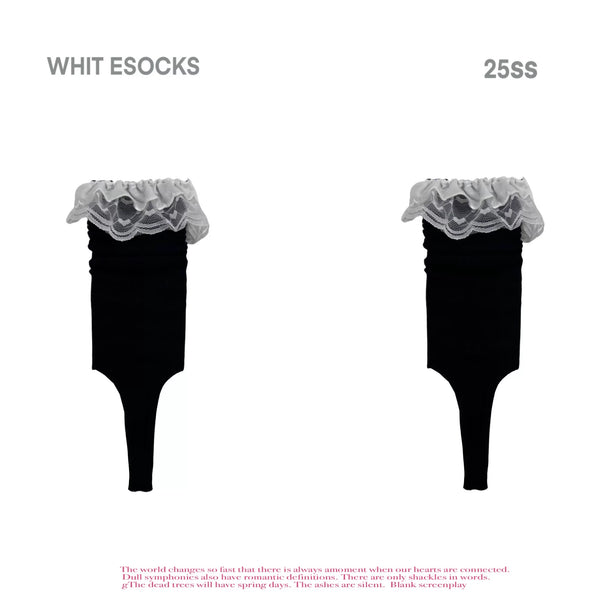 Slouch mid-calf socks with white lace cuffs shown in black and grey.