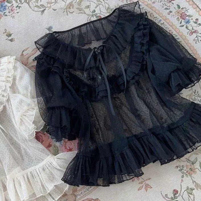 Sweetheart Dream Machine - Lace Mesh Inner - Short-Sleeve Blouse with Layered Ruffles