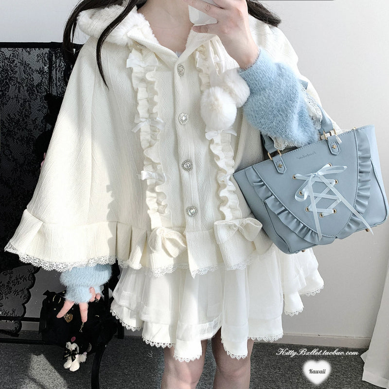 KittyBxllet Pompom Sweetheart Hooded Fleece-Lined Cape — additional product view