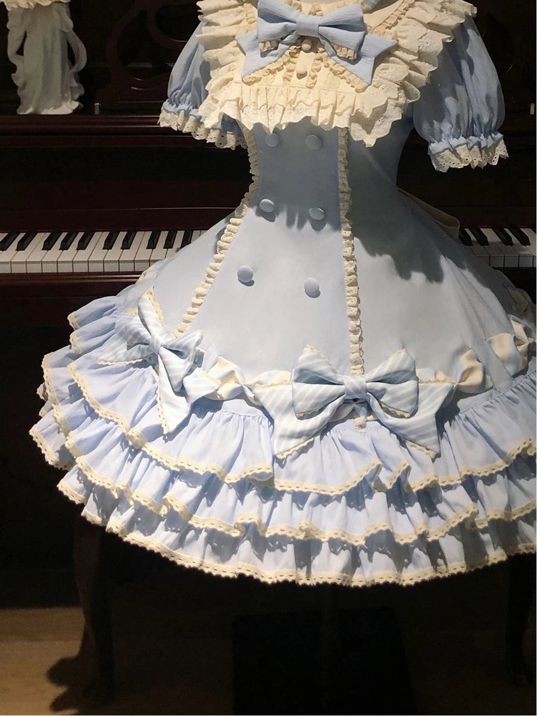 Creamy - Blue Stripe Cake Skirt - Layered Ruffle Lolita Dress with Bow Headpiece