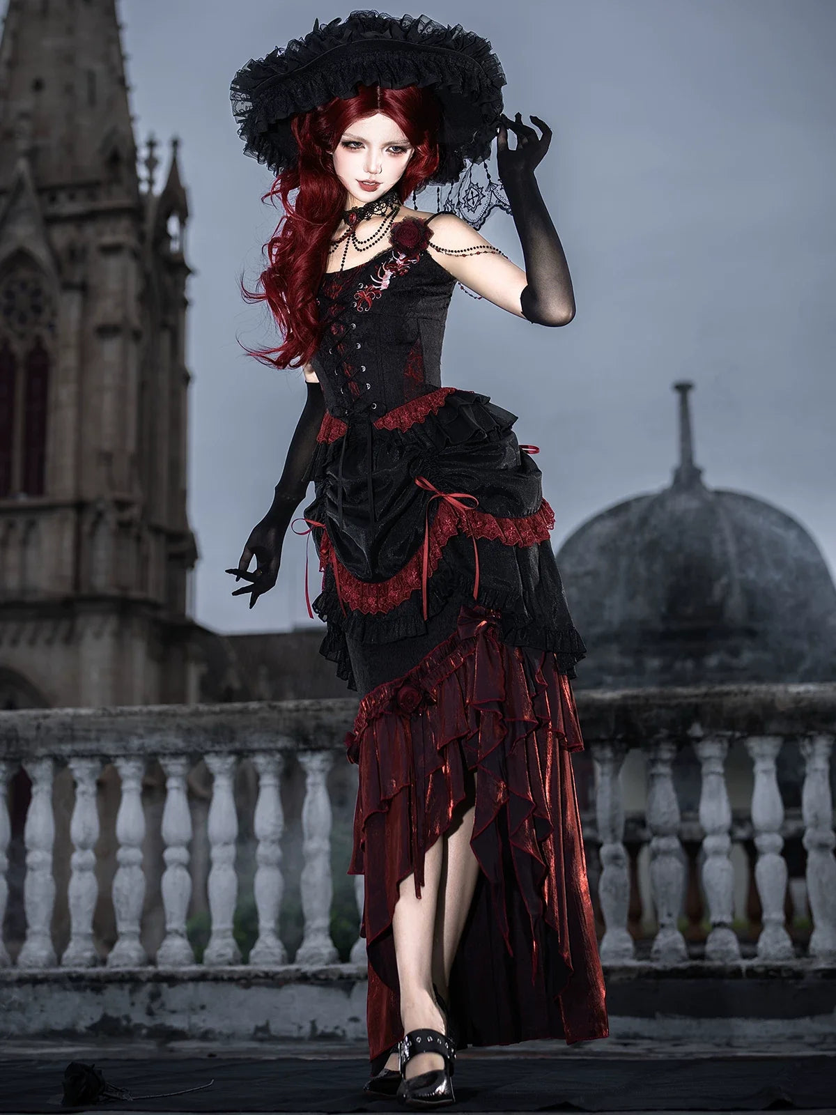Your Princess - Bone Rot Bloom - Gothic Lolita Embroidered Camisole & Drawstring Lift-up Hem Skirt