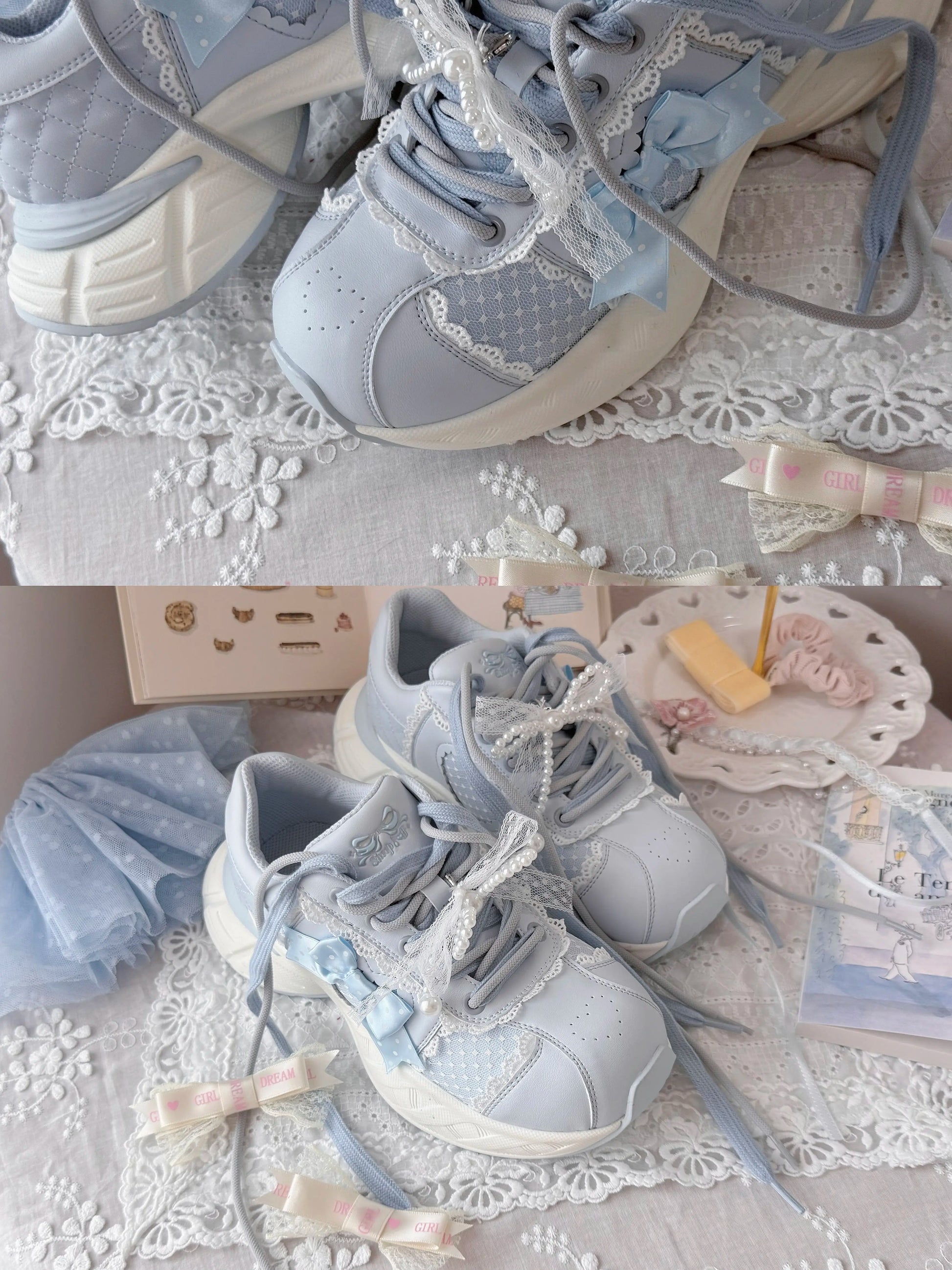 Sheep Puff Heart Bow Lo-Run Lolita Sneakers featuring cute heart bow details and playful design, ideal for fashion-forward footwear.