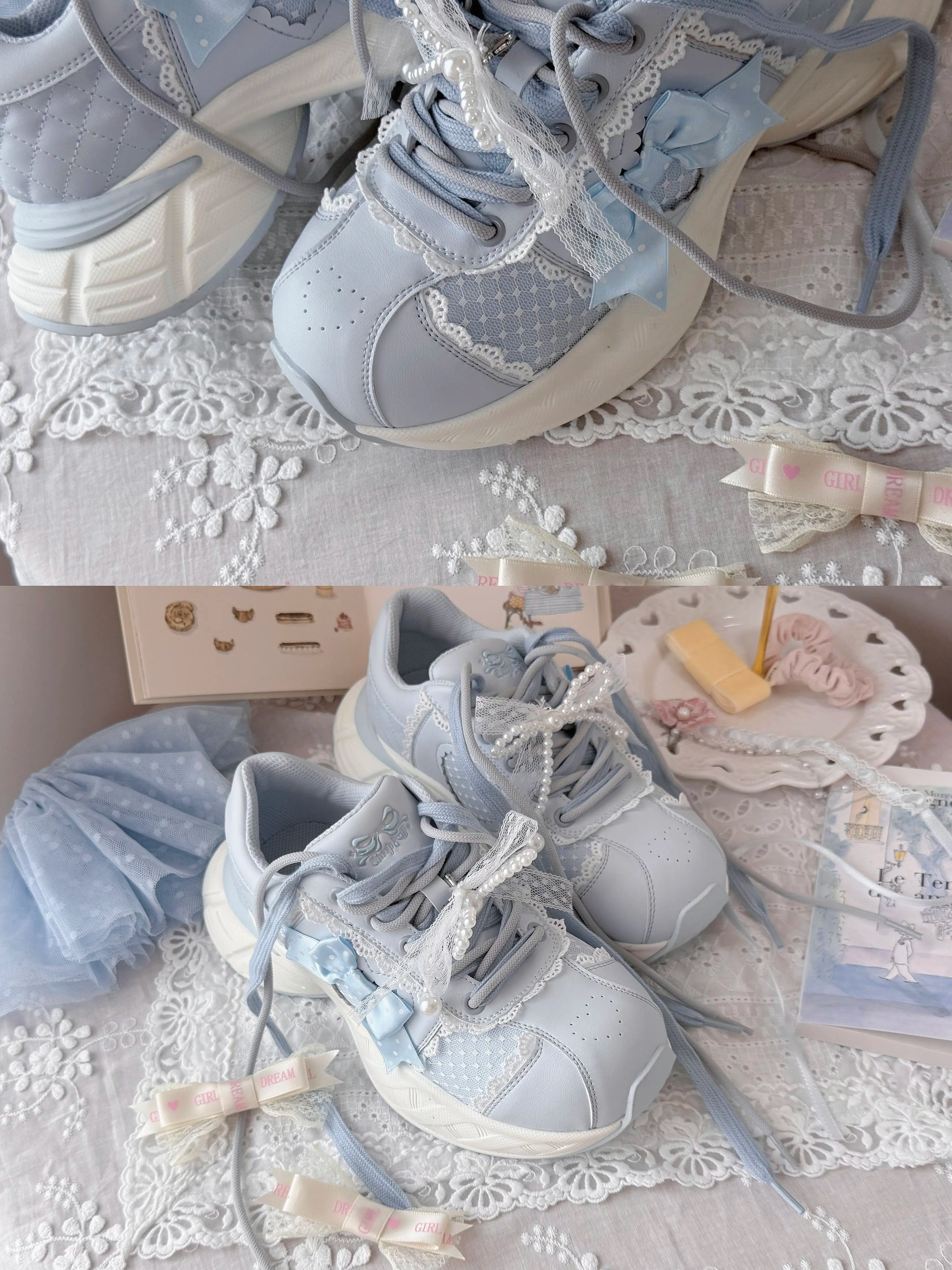 Sheep Puff Heart Bow Lo-Run Lolita Sneakers featuring cute heart bow details and playful design, ideal for fashion-forward footwear.