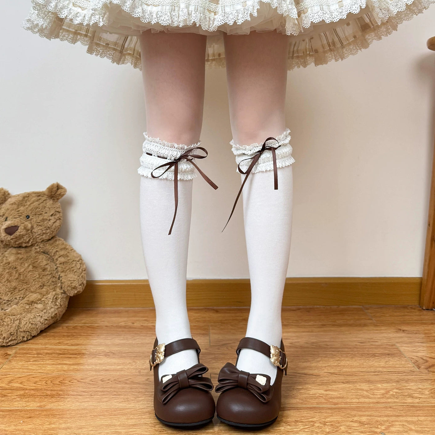 Chubby Bear Tales - Caramel Cocoa - Lace-Ruffle Socks with Ribbon Bows