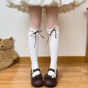 White socks, coffee-colored ribbon, calf socks / One Size