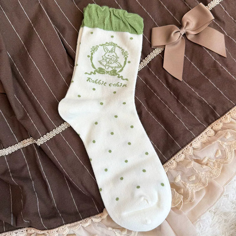 Milky Star Qiaoqiao - Rabbit Cabin - Ruffled Short Socks with a Rabbit Print