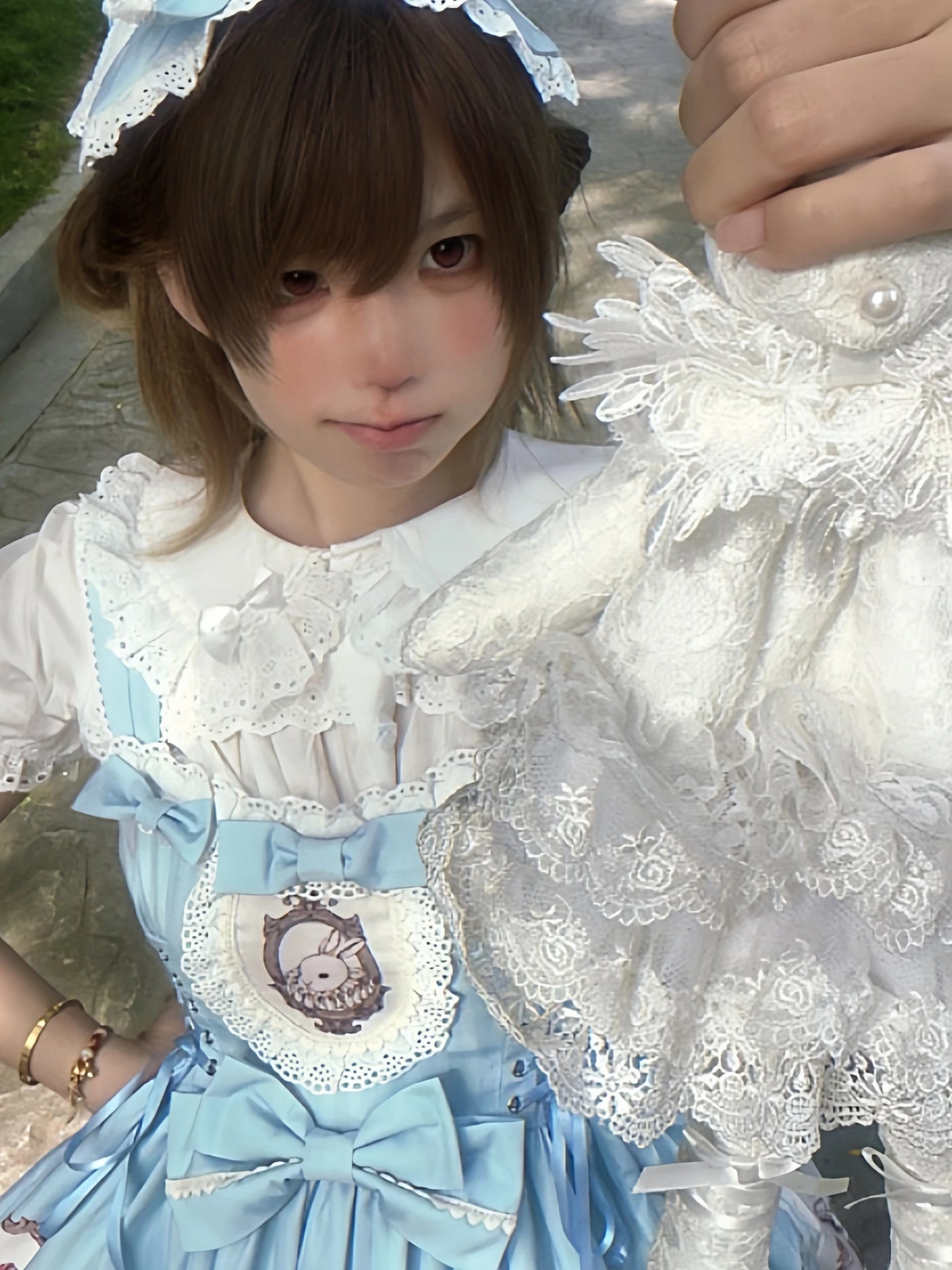 Cat Upon Cat - Rabbit's Collection Box - Rabbit-Print JSK Dress with Lace Bib