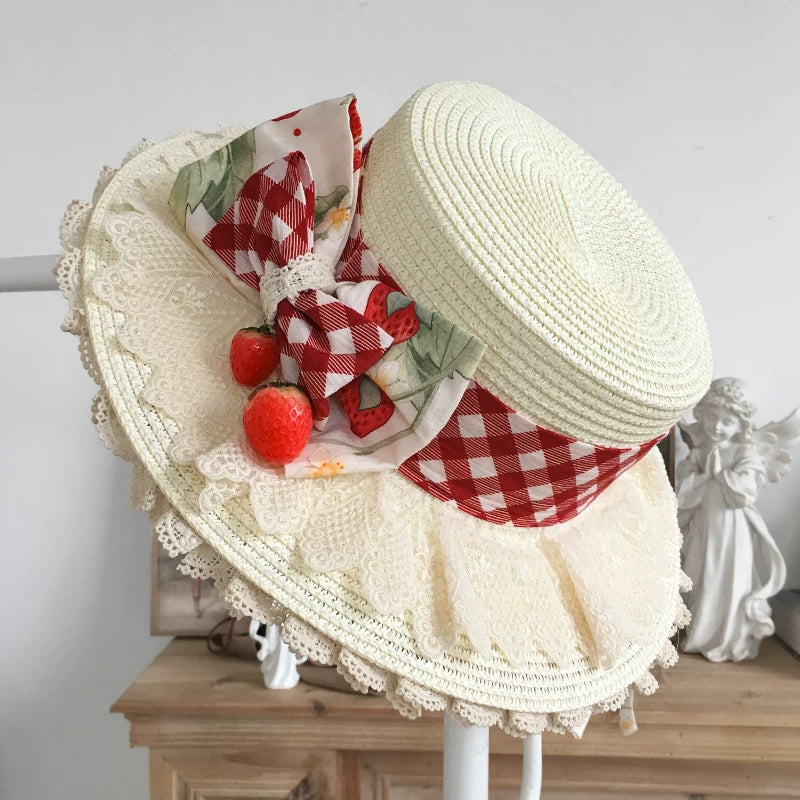 Baozi Pig - Strawberry Orchard - Hat with Gingham Ribbon and Lace Trim