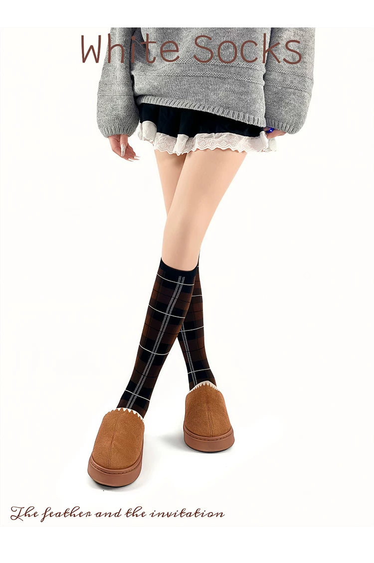 White Socks - Collegiate Plaid - Mid-Calf Socks with Contrast Cuffs