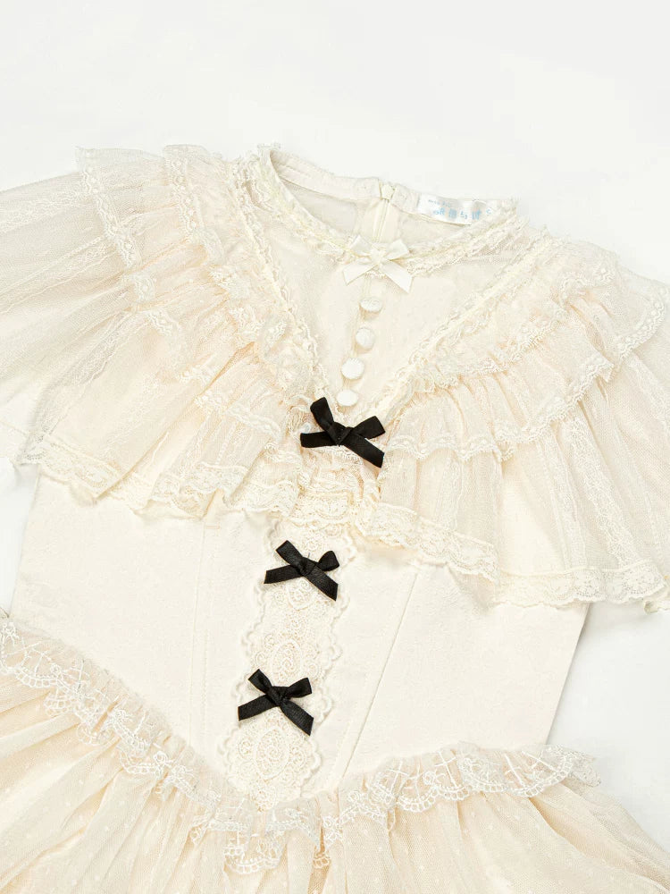 With PUJI - White Mist Promise - Classic Lolita Corset OP Set, Edwardian Collar & Tiered Hem