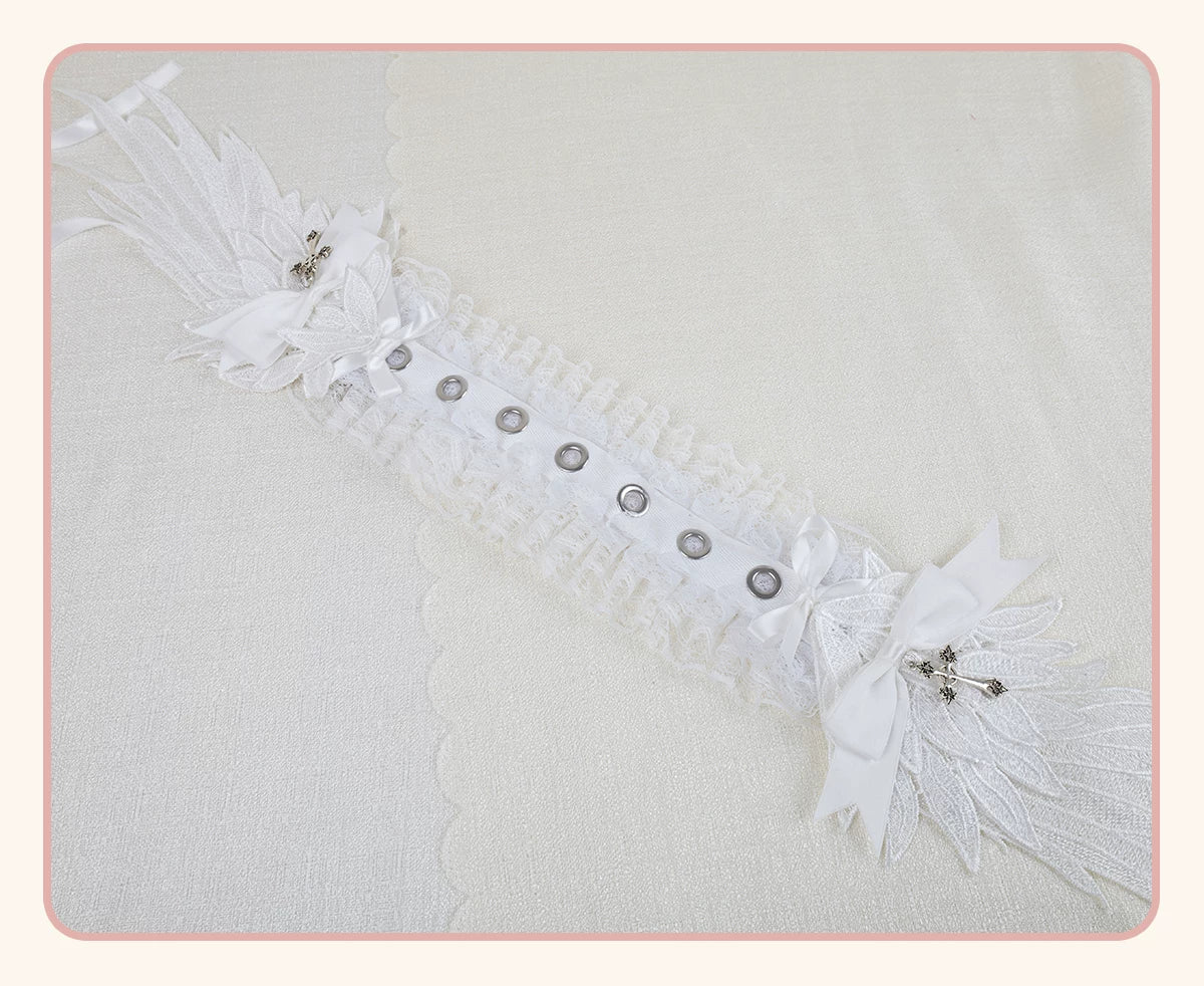 Stardust Rose - Winged Cross - Black-and-White Lace Headband with Wings and Cross Details
