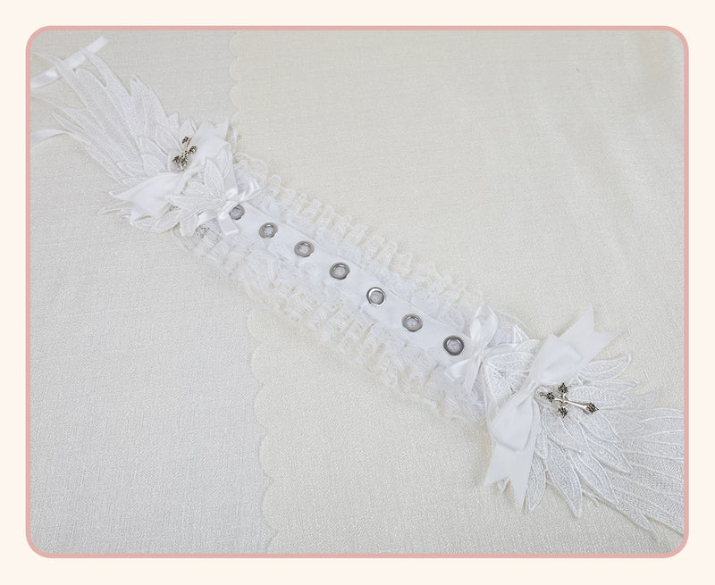 Stardust Rose - Winged Cross - Black-and-White Lace Headband with Wings and Cross Details