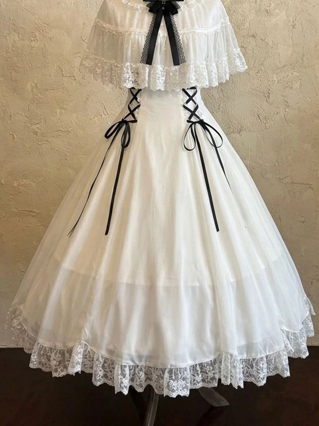 Creamy - Clean Atmosphere - White OP Dress with Black Ribbon Lacing