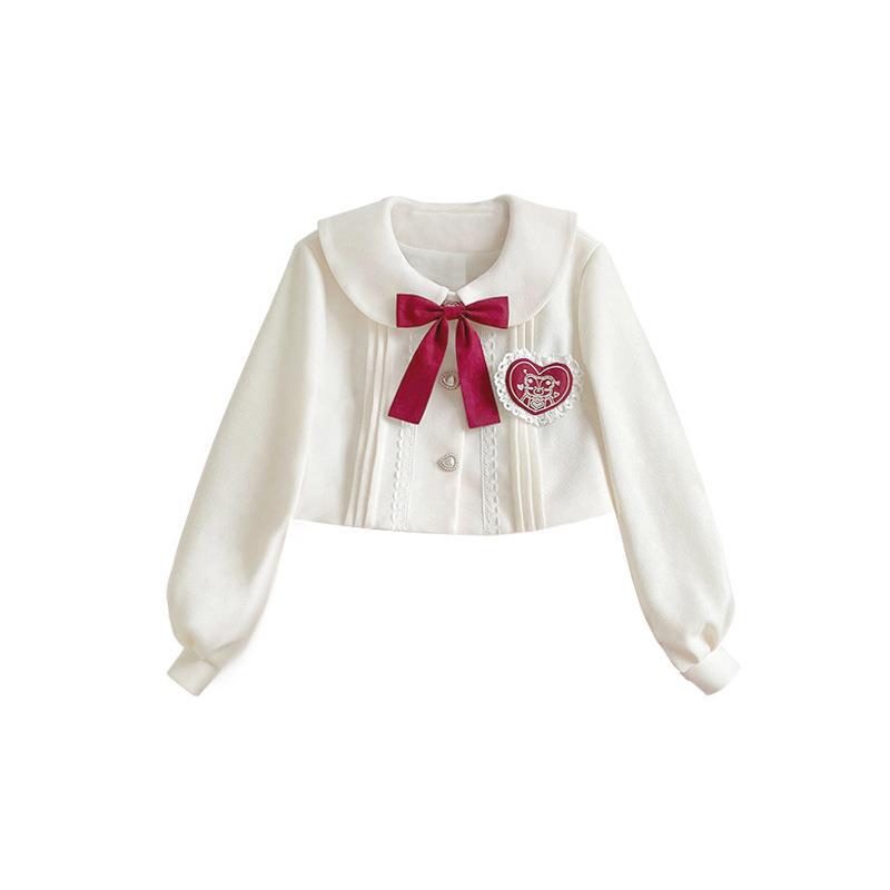 White short coat with a red bow and heart detail on a white background