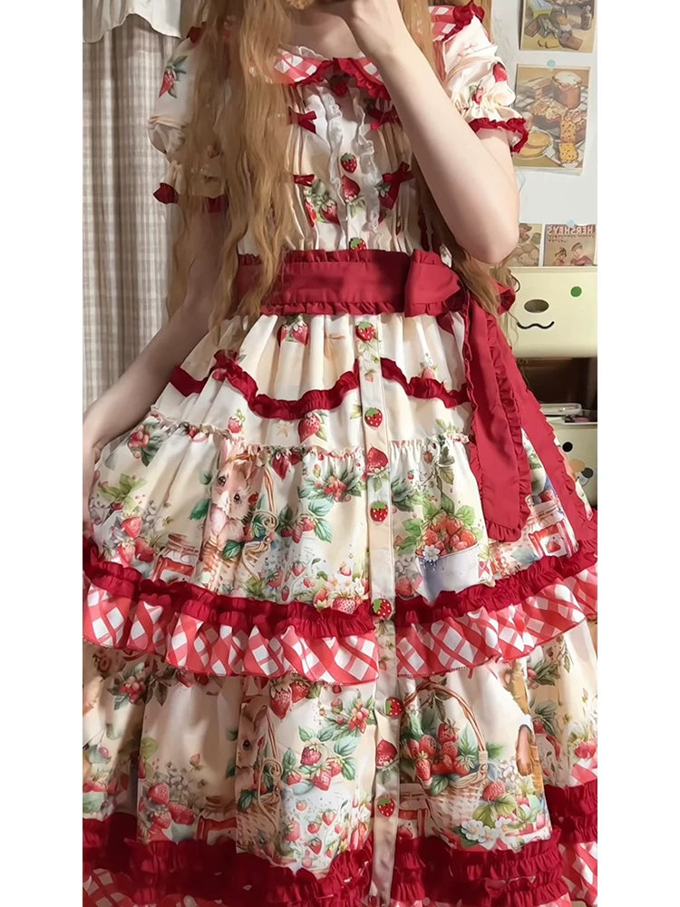 Dream Bunny - December Strawberry Field - Strawberry-Print One-Piece Dress with Red Gingham Ruffles