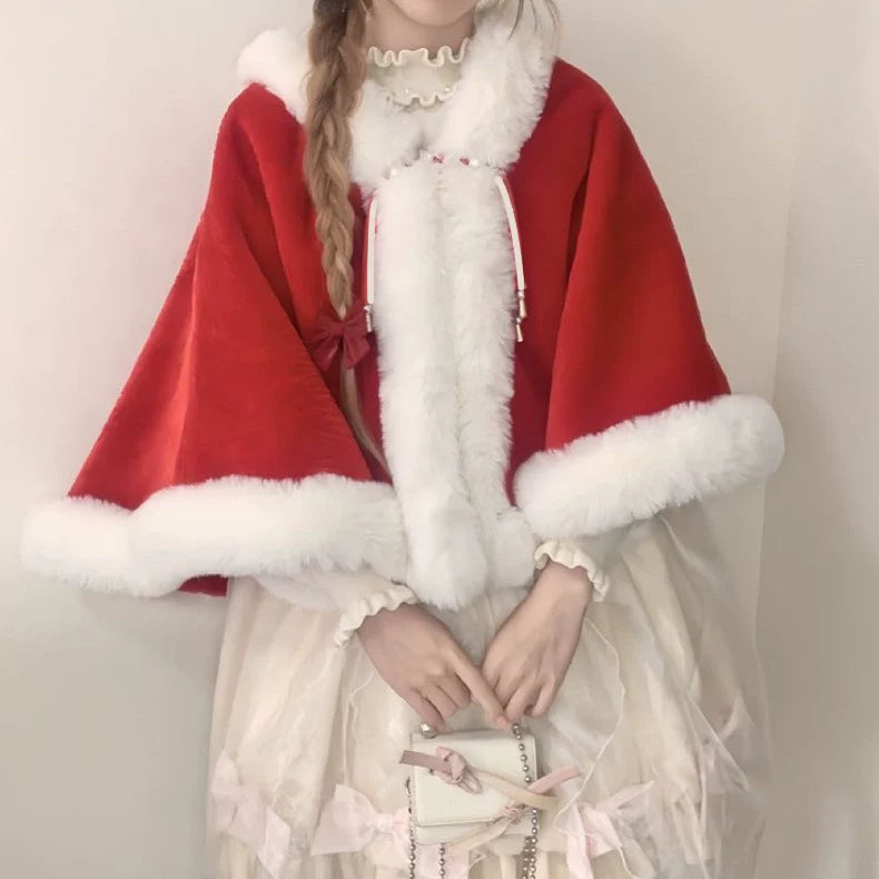 Mian Plush Cropped Lolita Shawl - Regular & Thick Versions — White & Red Velvet - Extra Thick Special Version