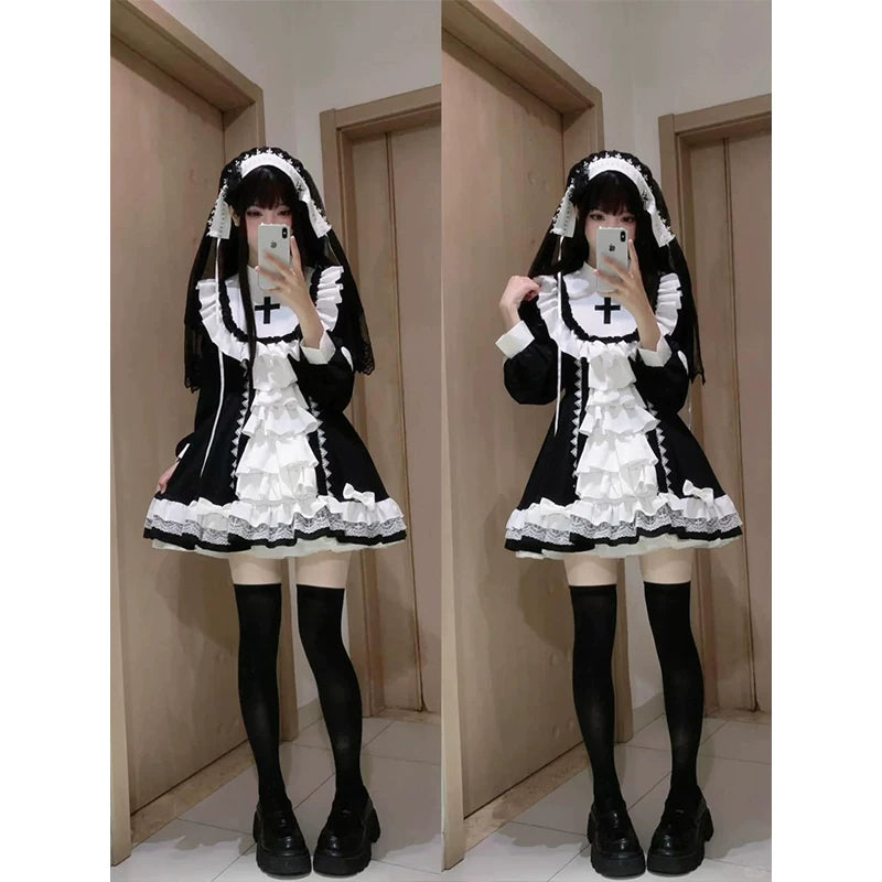 Creamy - Gothic Nun - Black-and-White Short Lolita Dress with Ruffled Bib