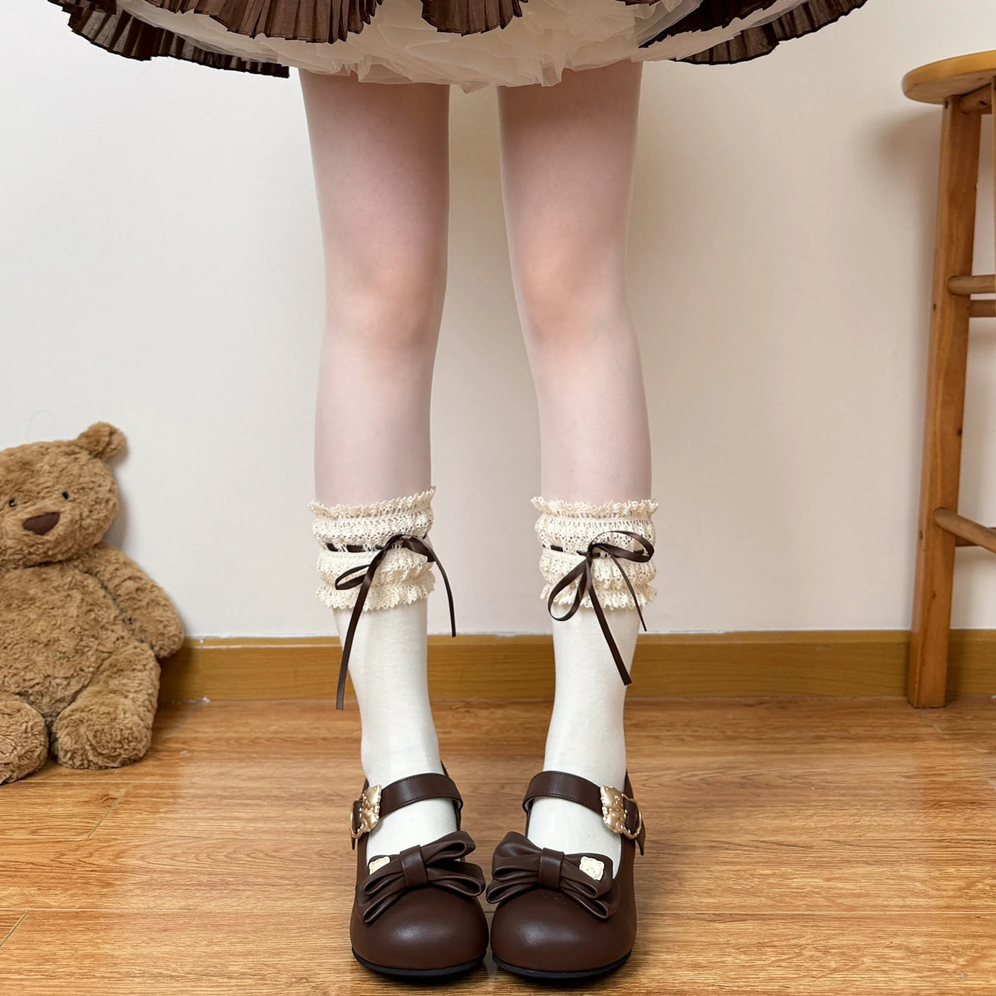 Chubby Bear Tales - Vintage Doll - Lace-Trim Socks with Ribbon Ties in Three Lengths